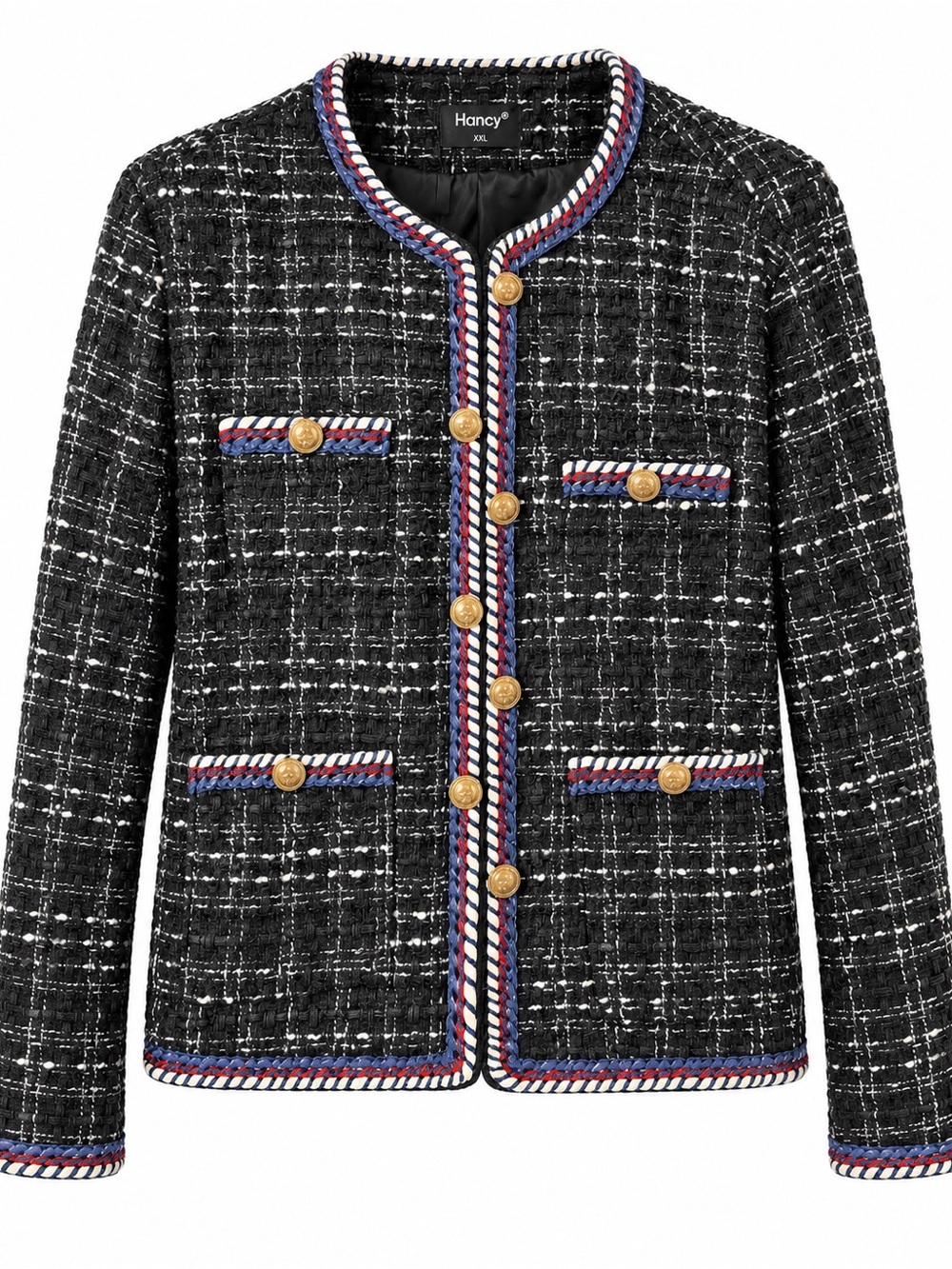 Hancy XXL Black White Tweed Blazer Gold Buttons Red Blue Trim